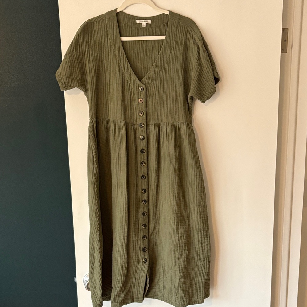 Madewell Olive Green Button-Front Midi Dress